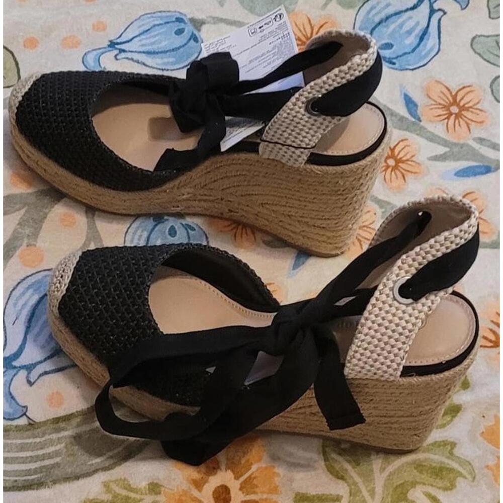 The Drop Women's Beige Espadrille Zuki Wedge Platform Sandals Black Shoes Sz 9.5
